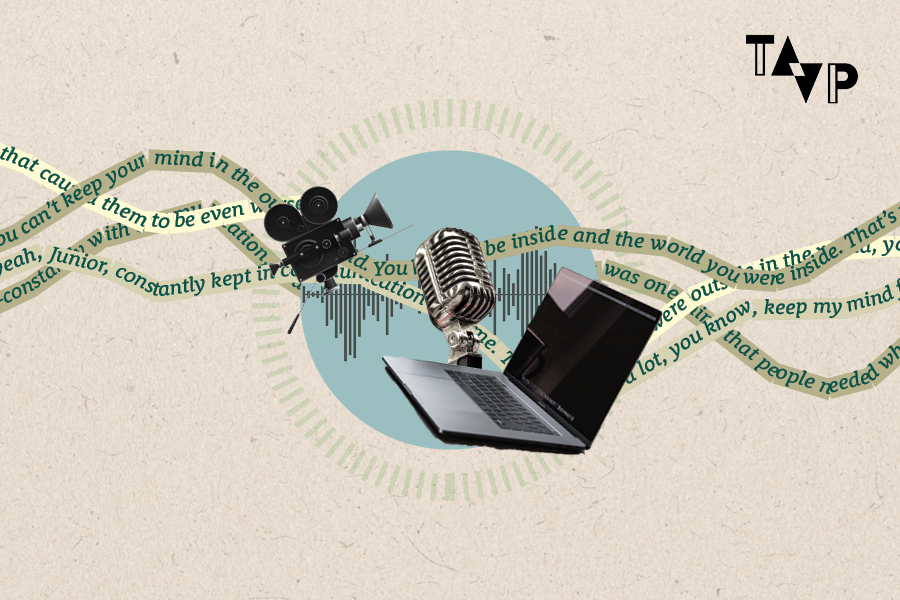 A whimsical collage on kraft paper with an old-timey motion camera, a microphone, and a laptop. Ribbons of words containing people's stories flow from right to left. In the background is a blue circle with rays radiating out from it.